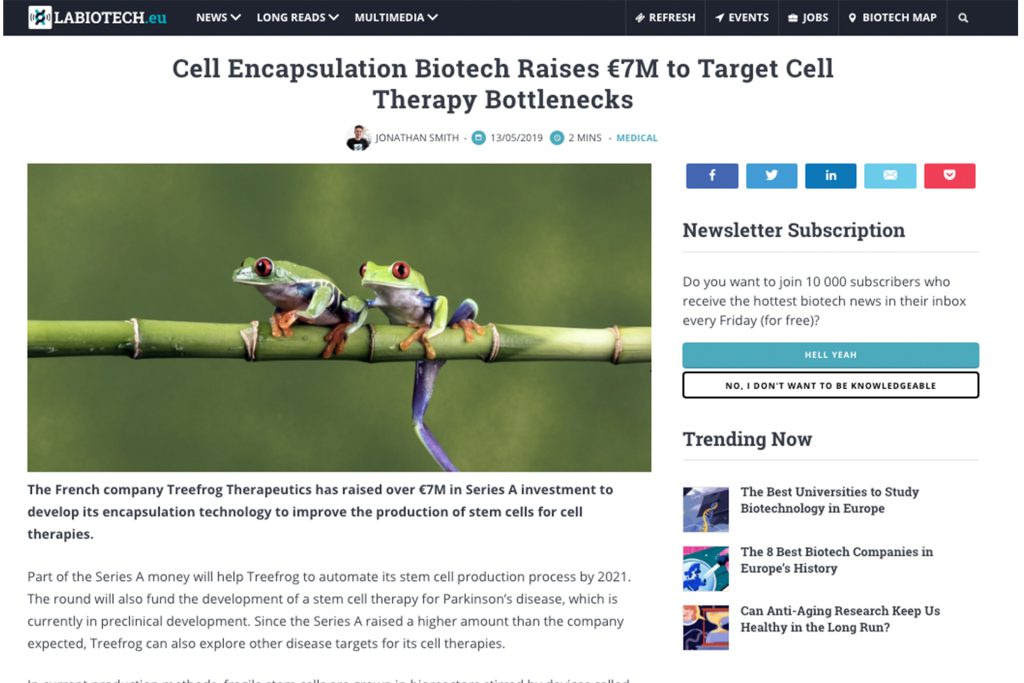 Labiotech.eu : Cell Encapsulation Biotech Raises €7M to Target Cell Therapy Bottlenecks